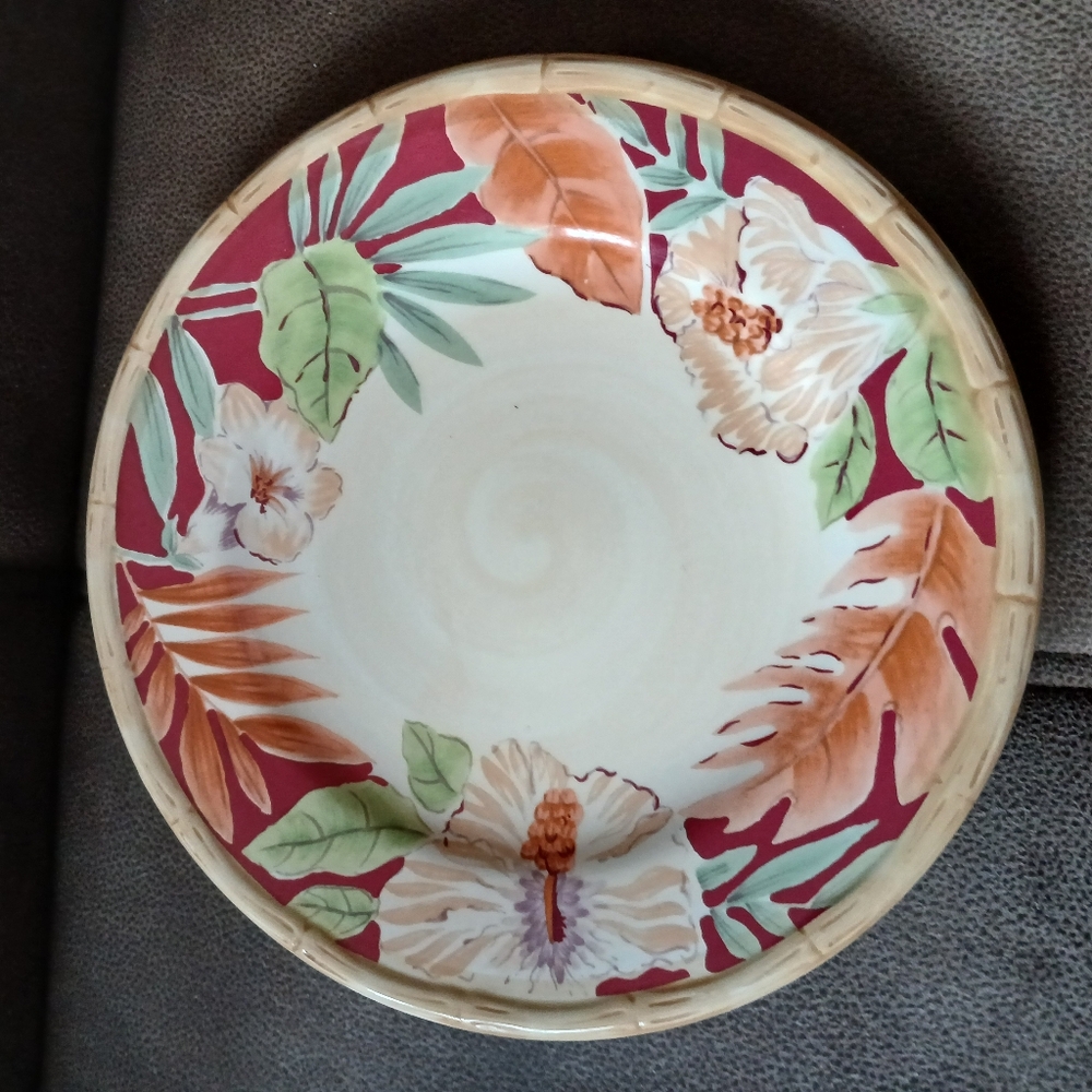 Home Trends Hibiscus And Bamboo Dinner Plate Burgundy, Cream And Green